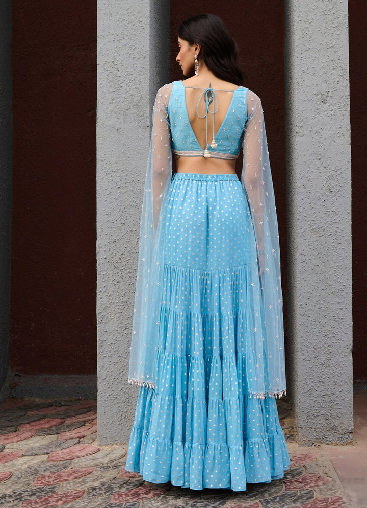 Blue Tiered Georgette Skirt With Cape Sleeves Chamee and Palak - Fabilicious Fashion