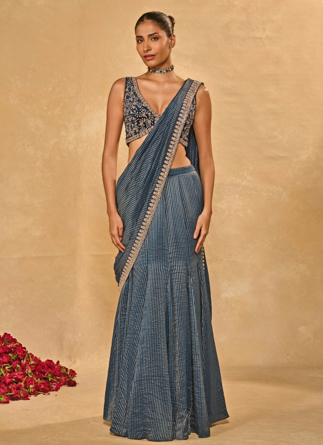 Blue Tissue Jamewar Pre - Draped Saree Chamee and Palak - Fabilicious Fashion