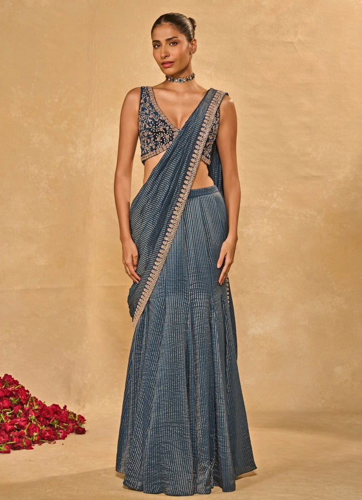 Blue Tissue Jamewar Pre - Draped Saree Chamee and Palak - Fabilicious Fashion