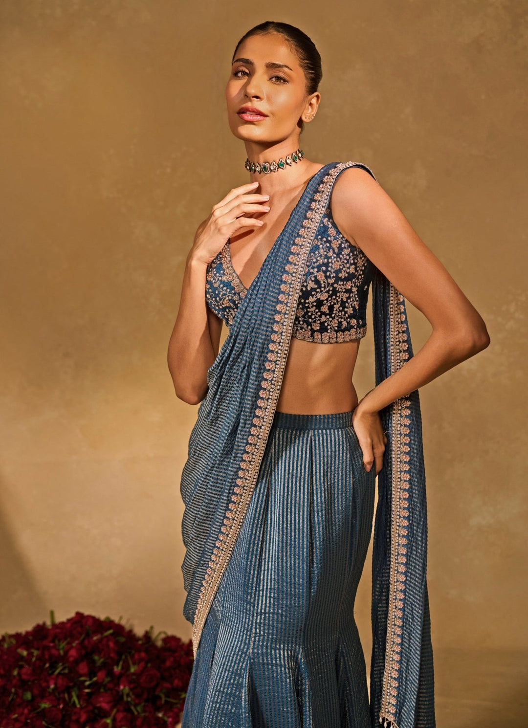 Blue Tissue Jamewar Pre - Draped Saree Chamee and Palak - Fabilicious Fashion