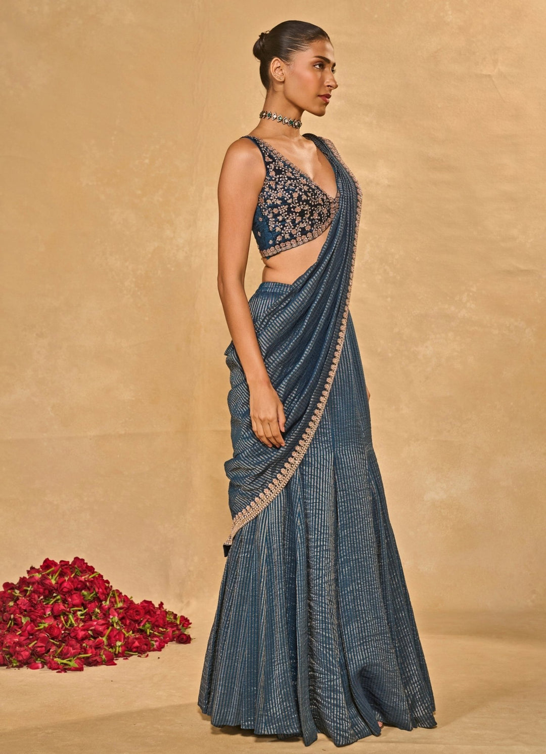 Blue Tissue Jamewar Pre - Draped Saree Chamee and Palak - Fabilicious Fashion