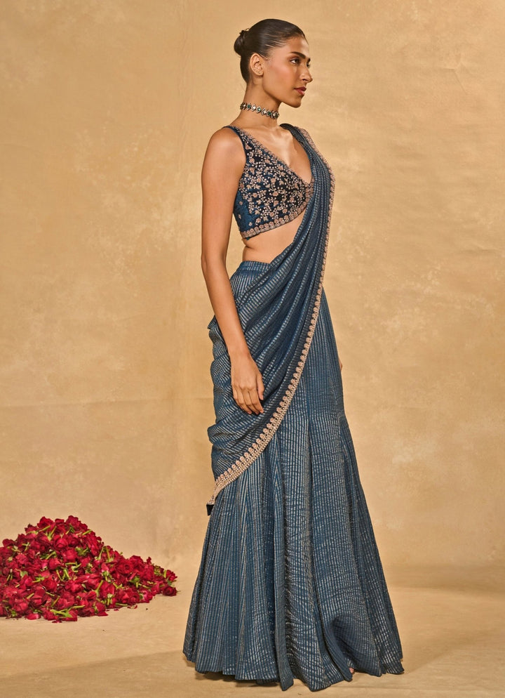 Blue Tissue Jamewar Pre - Draped Saree Chamee and Palak - Fabilicious Fashion