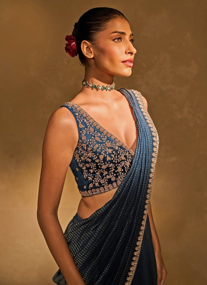 Blue Tissue Jamewar Pre - Draped Saree Chamee and Palak - Fabilicious Fashion