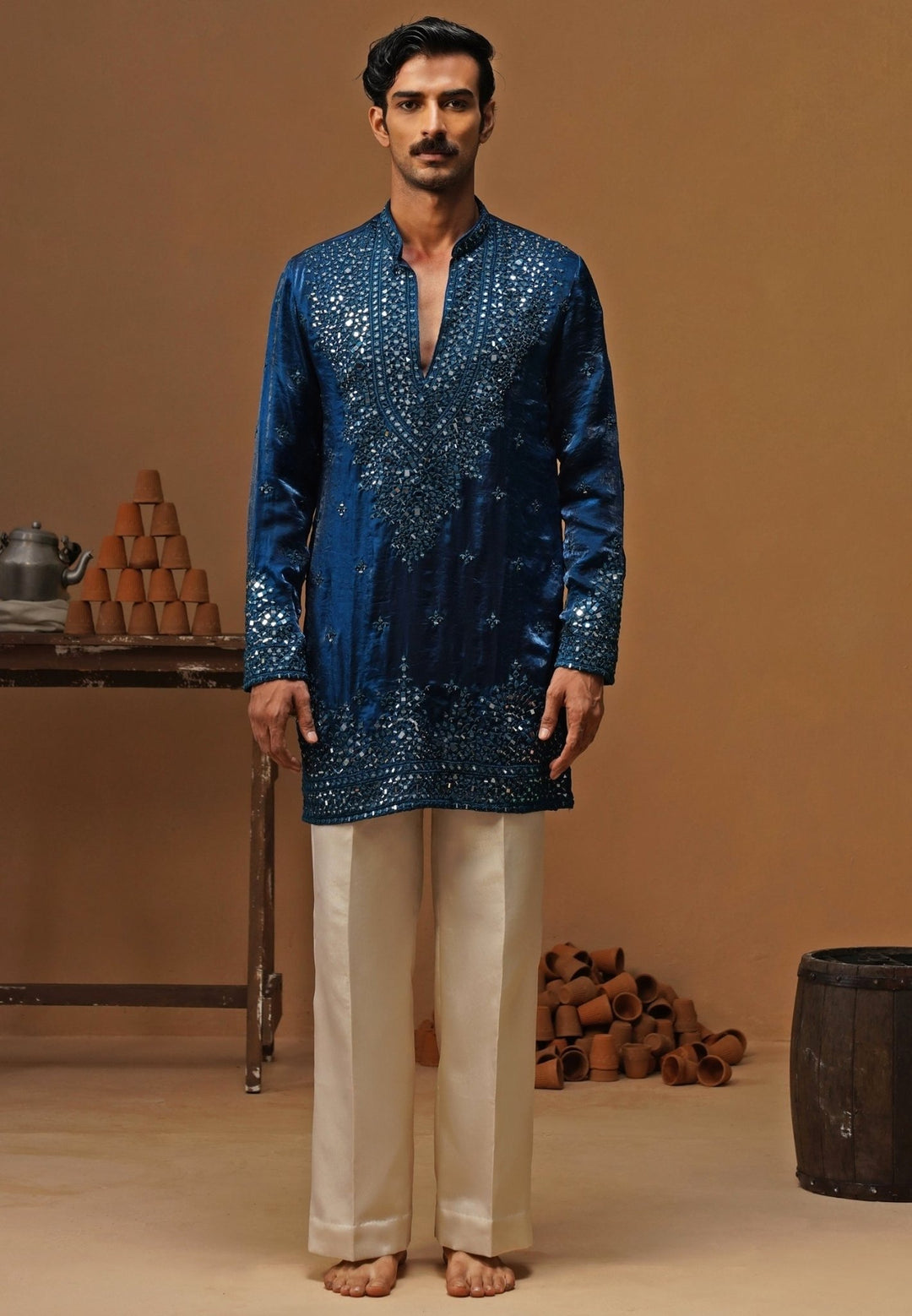 Kalpraag Blue Tissue Silk Short Kurta SetFabilicious Fashion