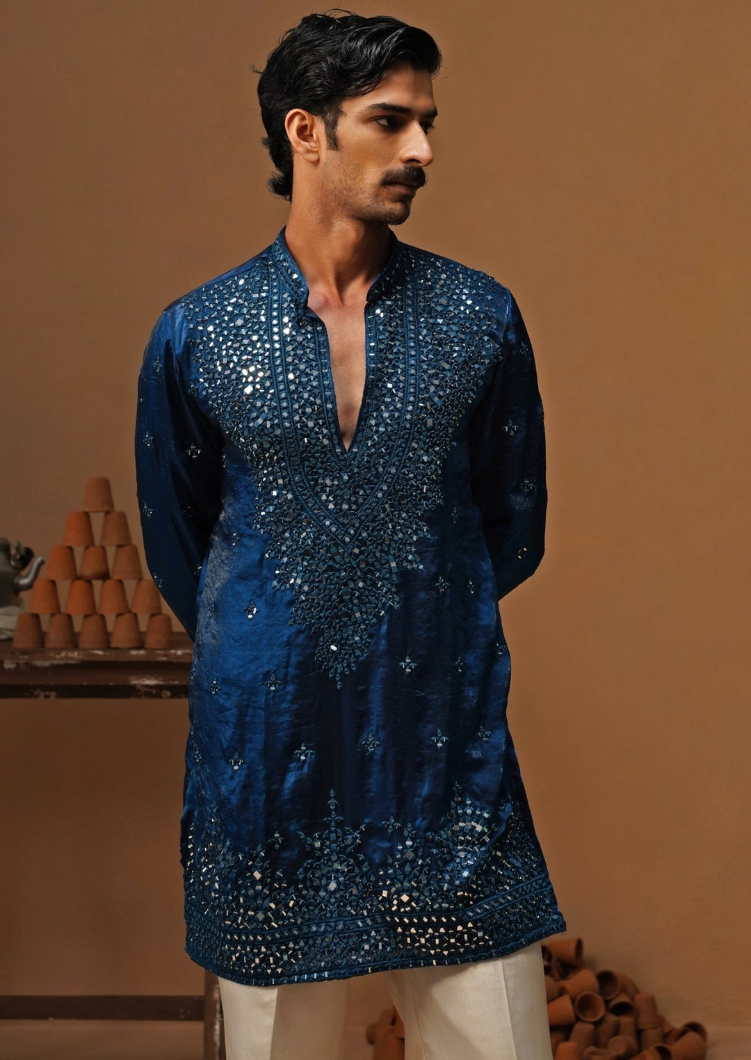 Kalpraag Blue Tissue Silk Short Kurta SetFabilicious Fashion