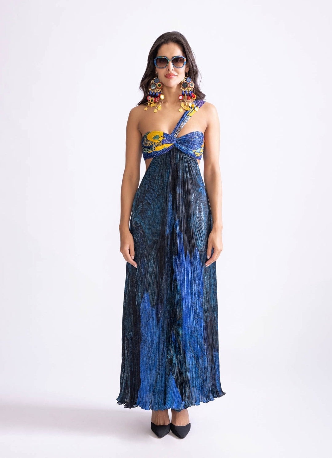 blue tribal dress Tribal Ruffle-Sleeve Notch Neck Shift Dress