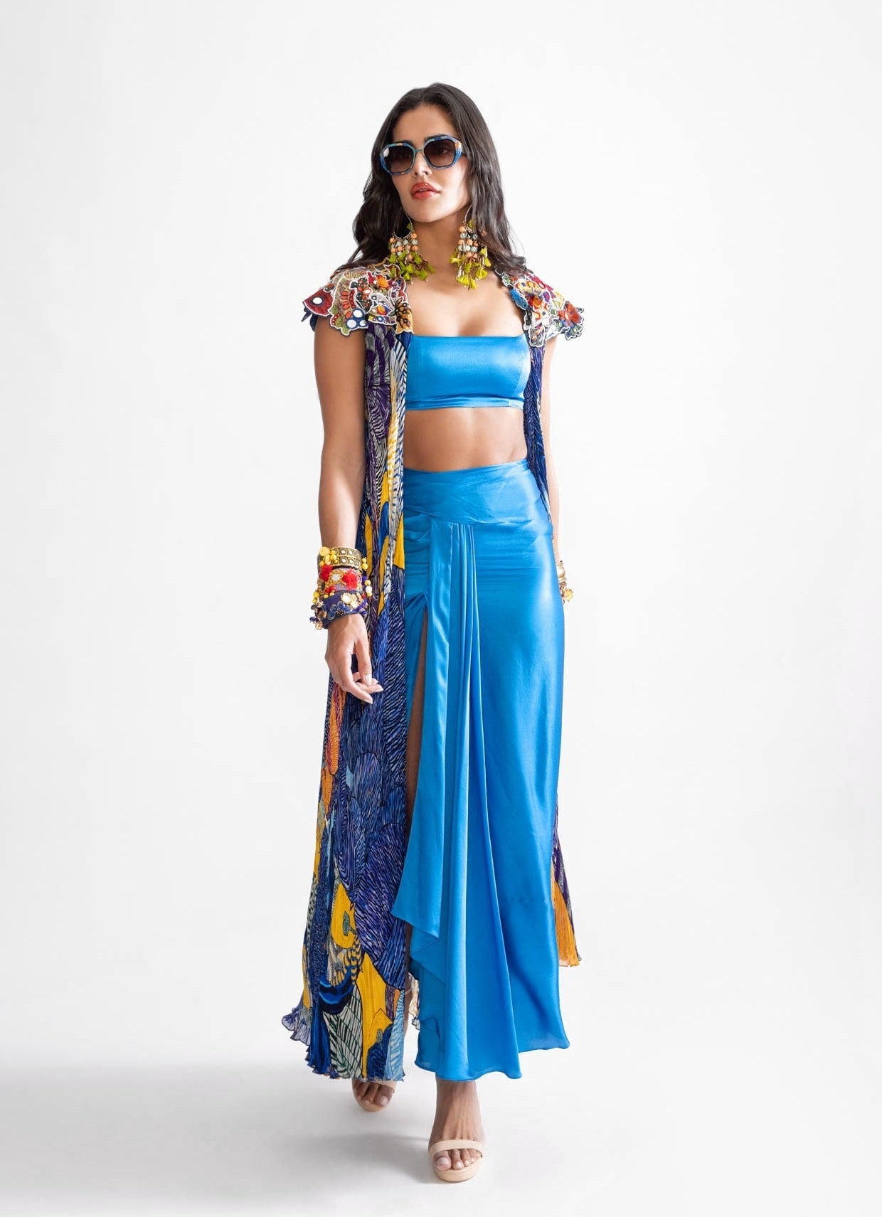 Blue tribal print Saaksha Kinni indowestern cape set