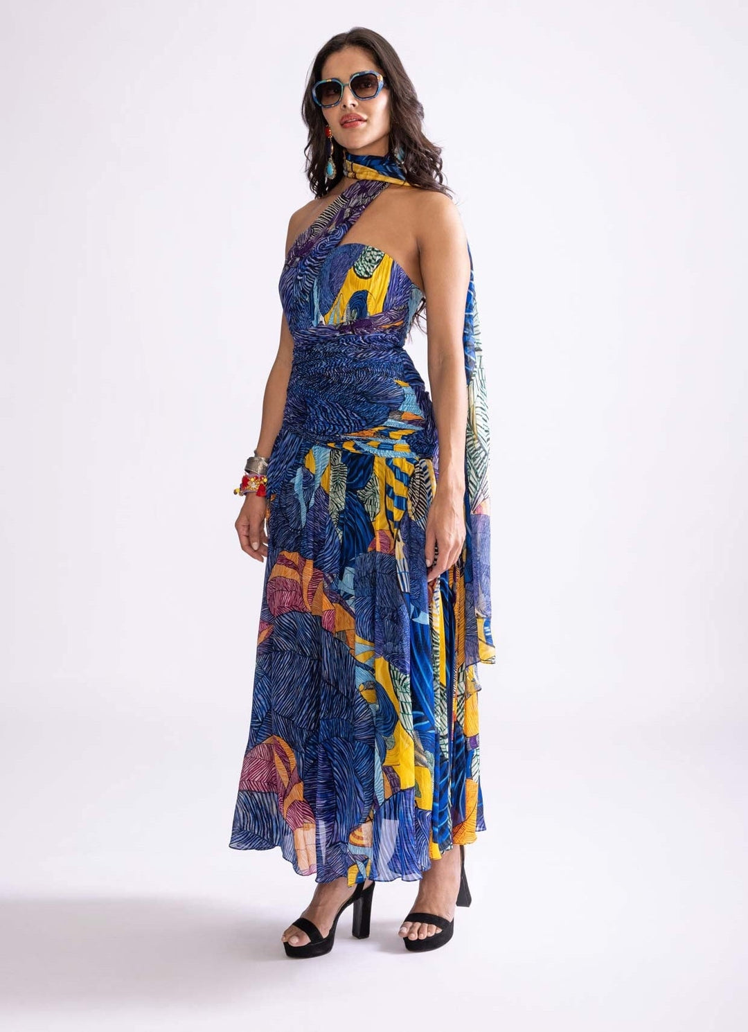 blue tribal dress Tribal Ruffle-Sleeve Notch Neck Shift Dress