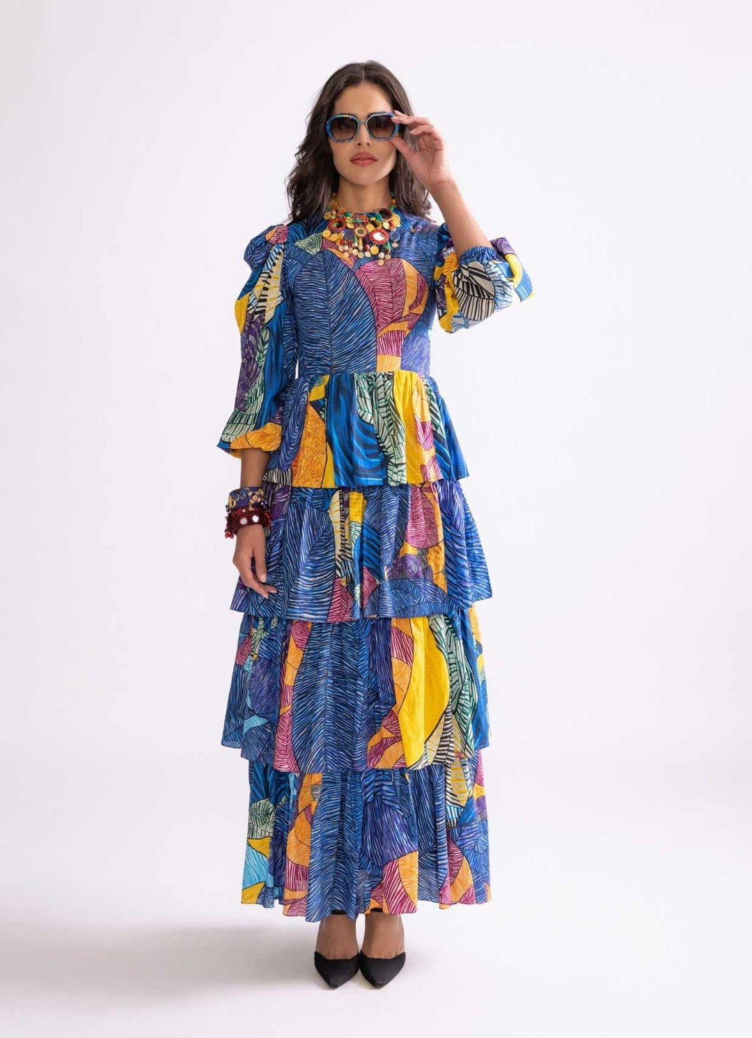 blue tribal dress Tribal Ruffle-Sleeve Notch Neck Shift Dress