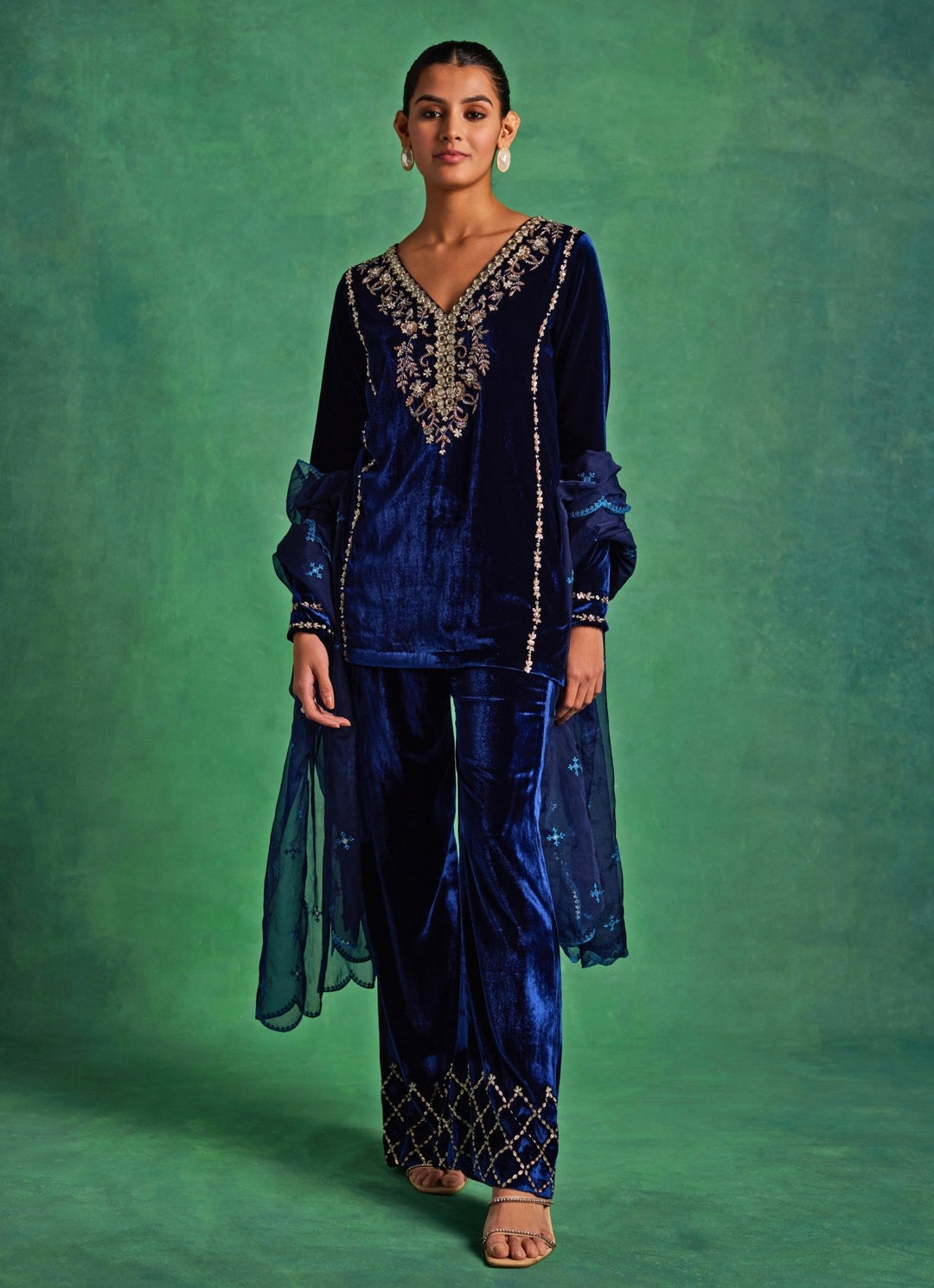 Blue Velvet Embroidered Kurta Pants Set Sanya Gulati - Fabilicious Fashion