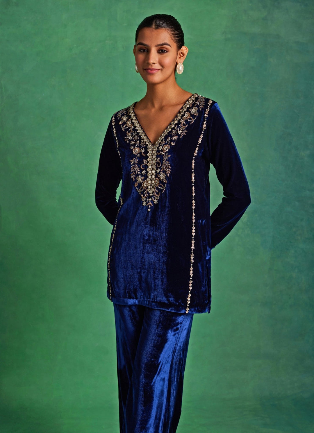 Blue Velvet Embroidered Kurta Pants Set Sanya Gulati - Fabilicious Fashion
