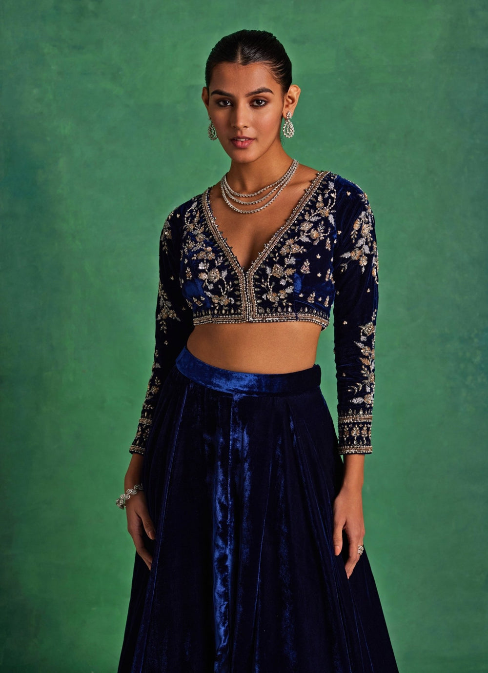 Blue Velvet Lehenga Set With Gold Dupatta Sanya Gulati - Fabilicious Fashion