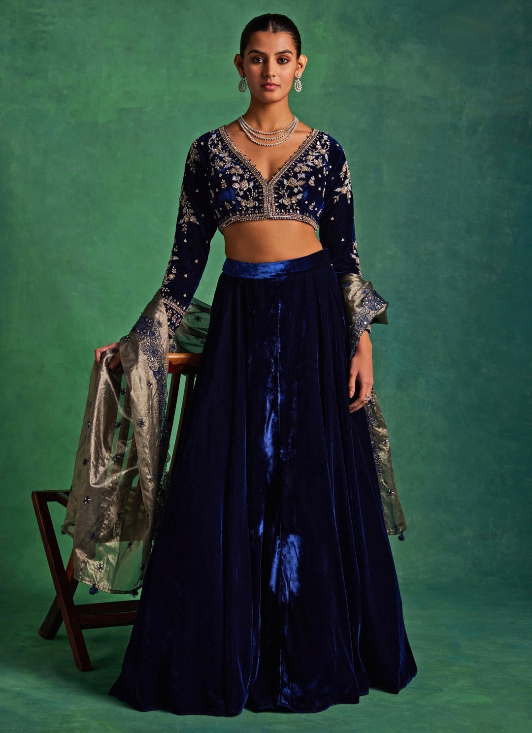 Blue Velvet Lehenga Set With Gold Dupatta Sanya Gulati - Fabilicious Fashion