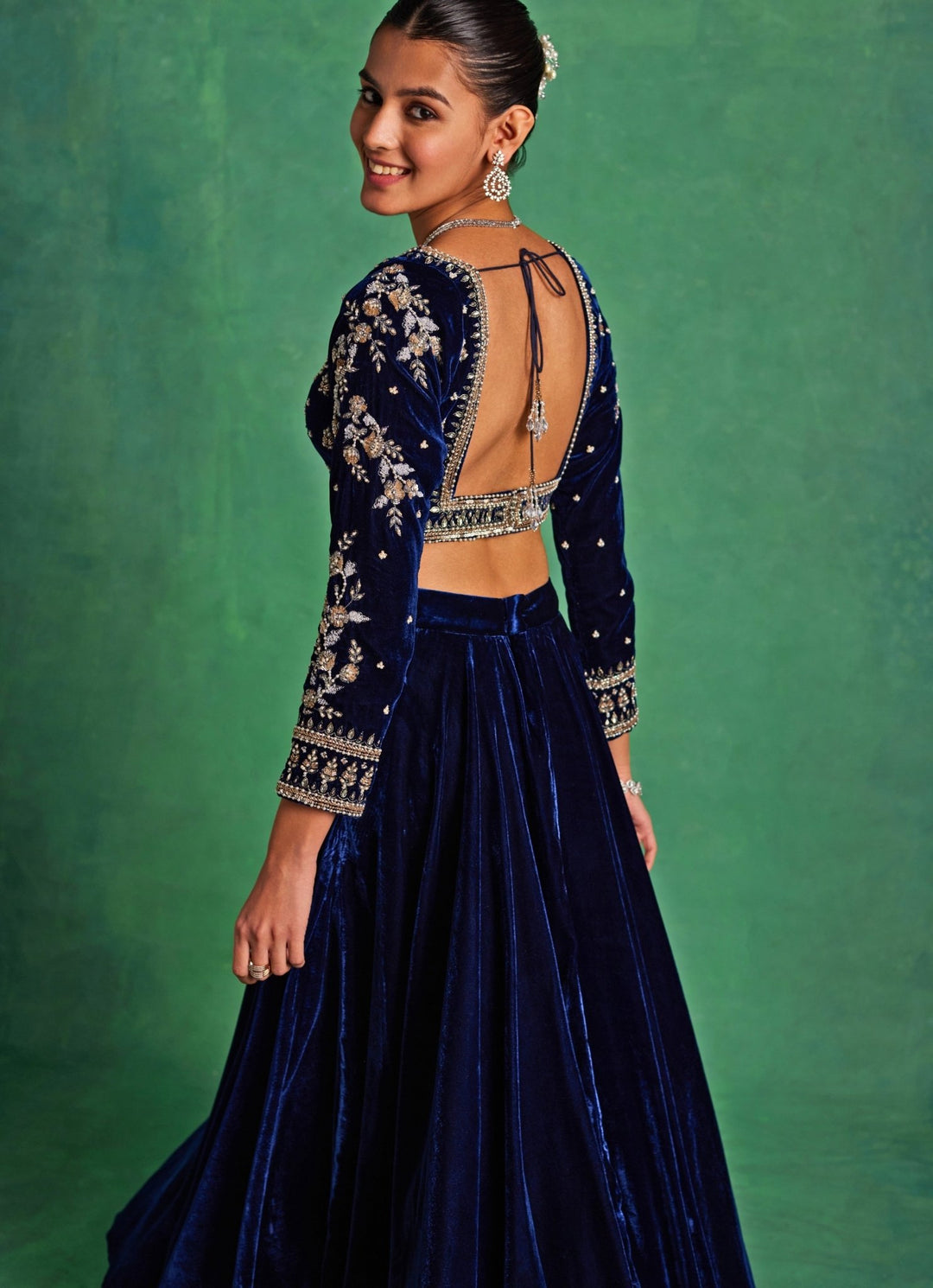 Blue Velvet Lehenga Set With Gold Dupatta Sanya Gulati - Fabilicious Fashion