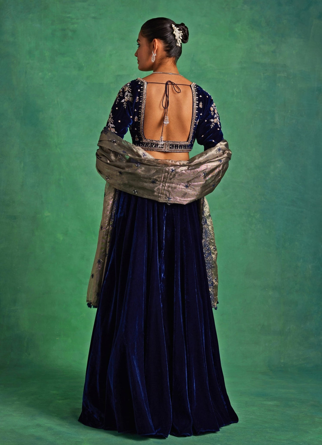 Blue Velvet Lehenga Set With Gold Dupatta Sanya Gulati - Fabilicious Fashion