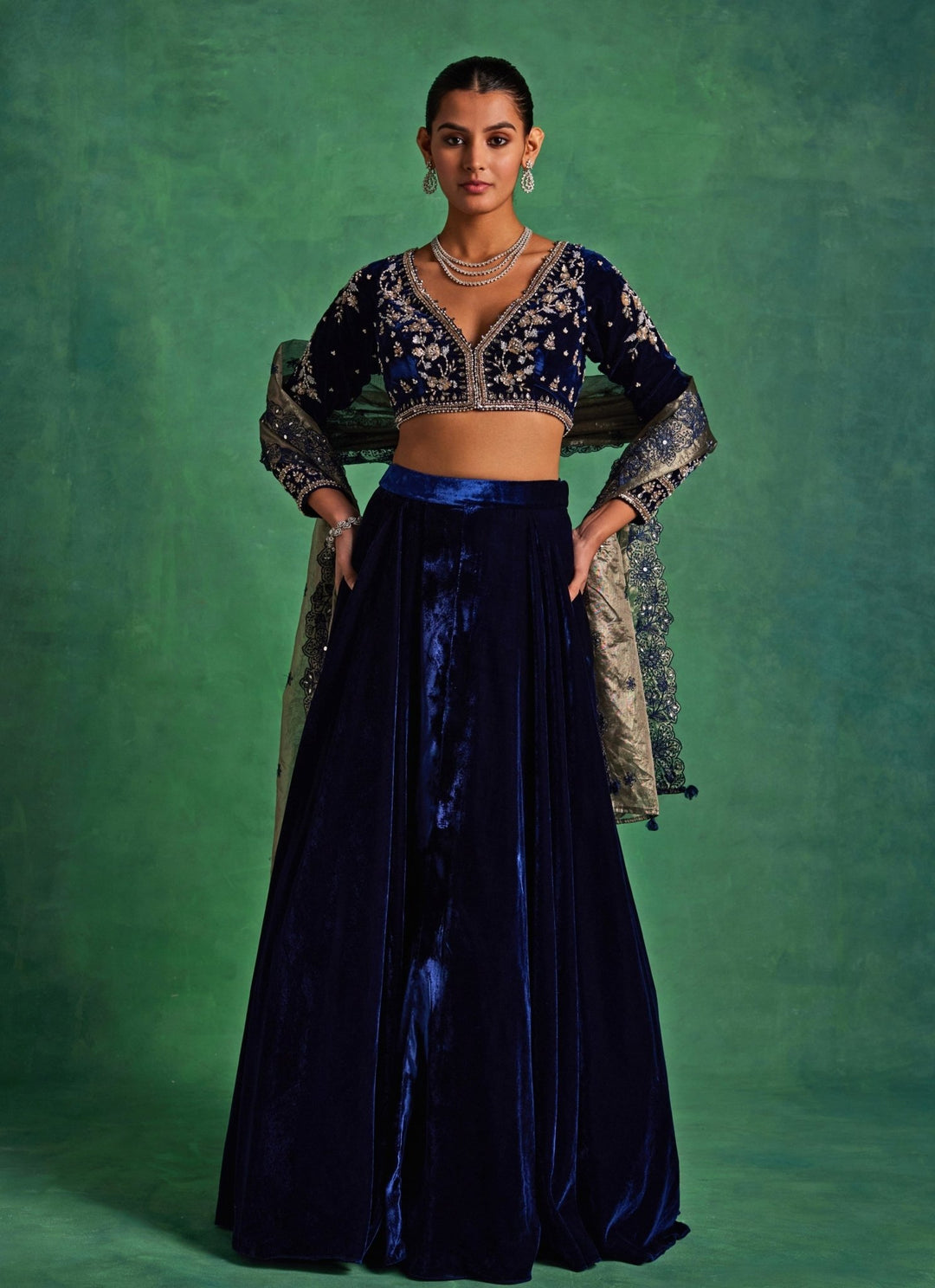 Blue Velvet Lehenga Set With Gold Dupatta Sanya Gulati - Fabilicious Fashion