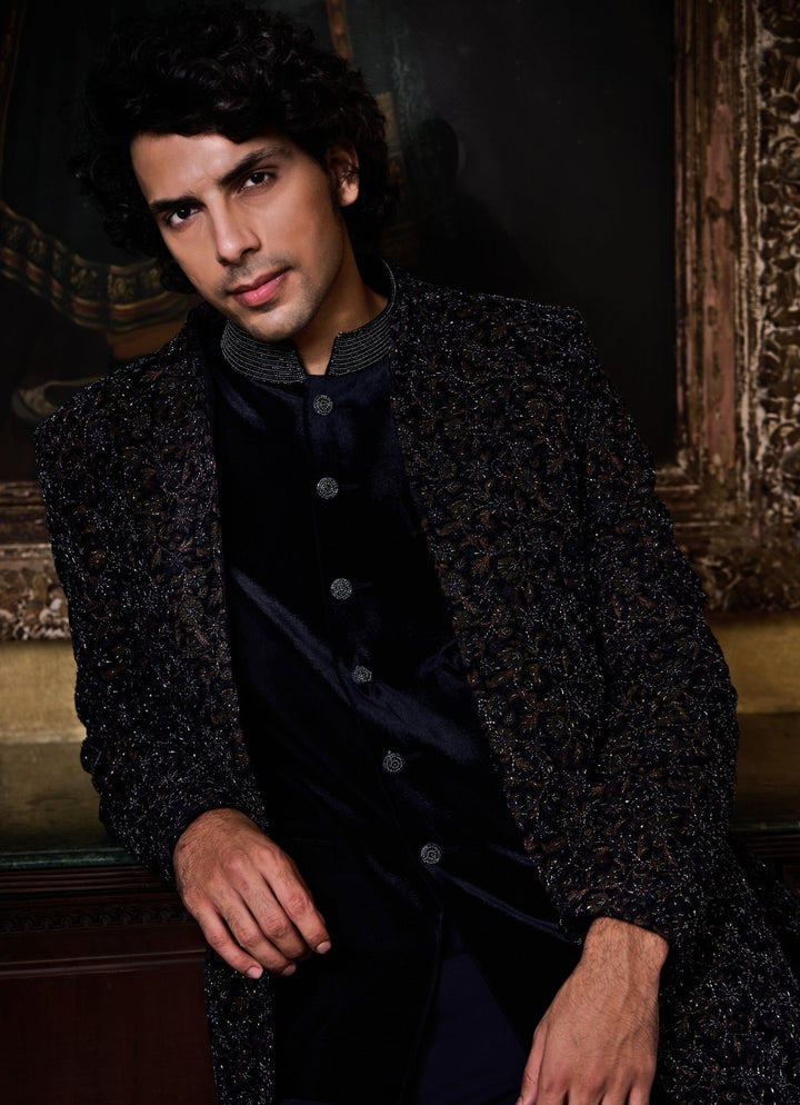 Blue Velvet Open Jacket Set Nitika Gujral - Men - Fabilicious Fashion