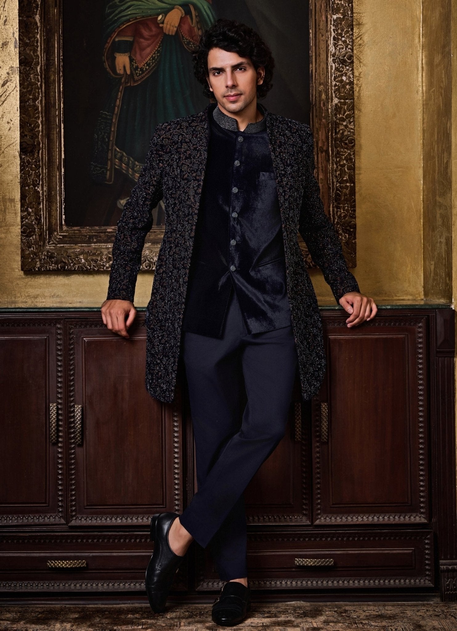 Blue velvet open jacket set for a cocktail or reception, indo-western for men by Nitika Gujral Men, made to measure