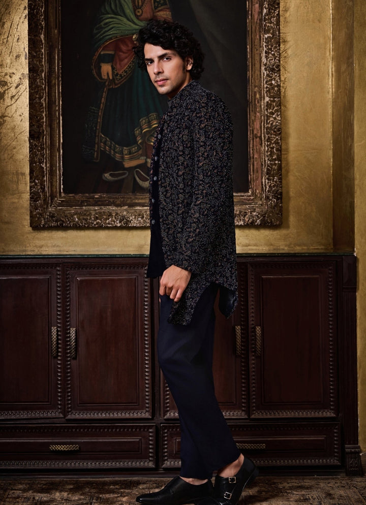 Blue Velvet Open Jacket Set Nitika Gujral - Men - Fabilicious Fashion