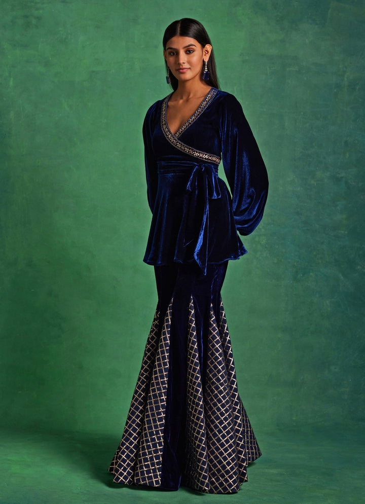 Blue Velvet Peplum Kurta Pants Set Sanya Gulati - Fabilicious Fashion