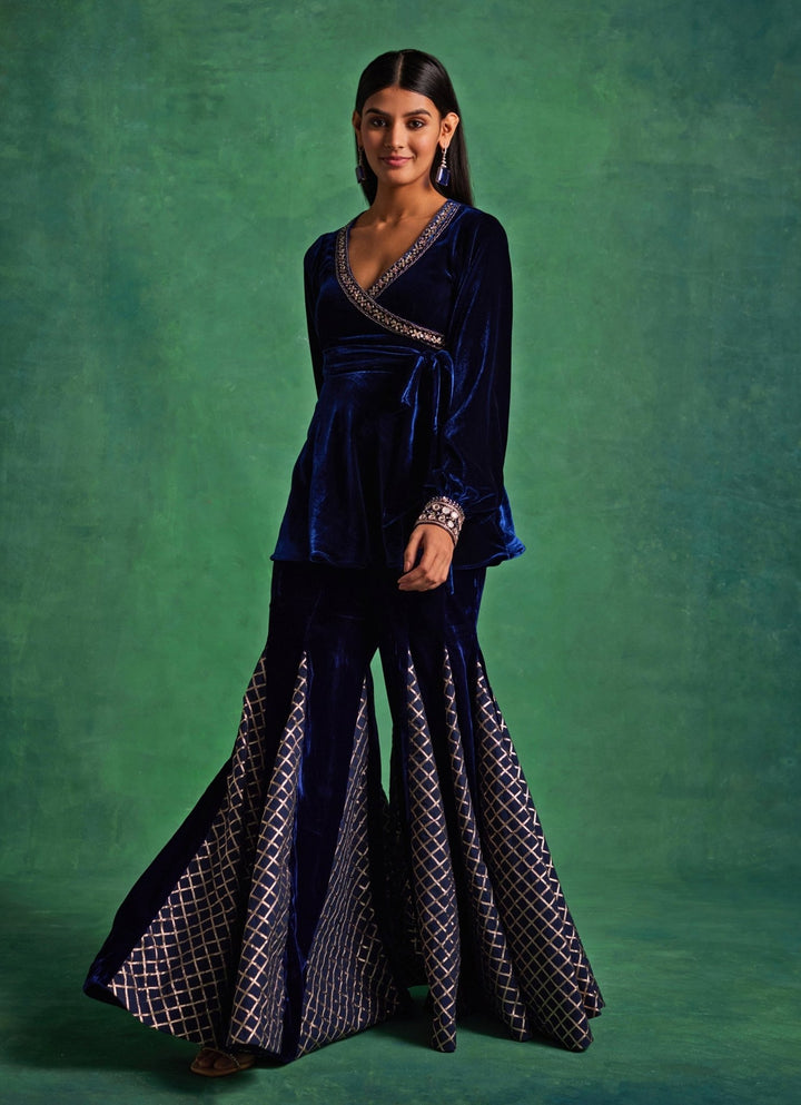 Blue Velvet Peplum Kurta Pants Set Sanya Gulati - Fabilicious Fashion