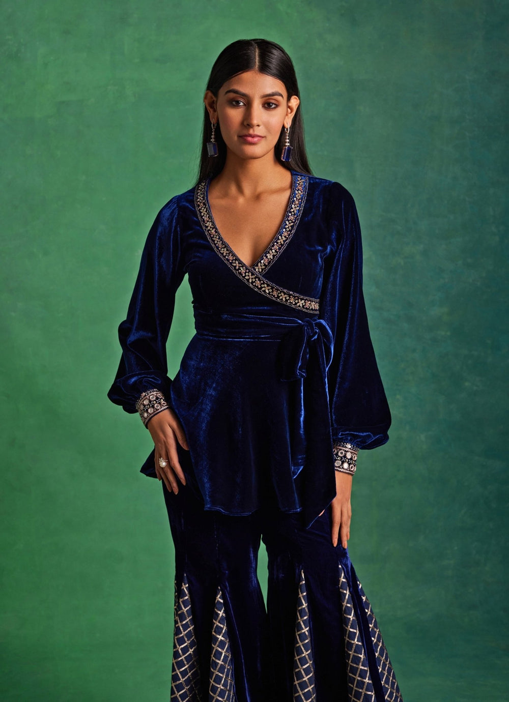 Blue Velvet Peplum Kurta Pants Set Sanya Gulati - Fabilicious Fashion
