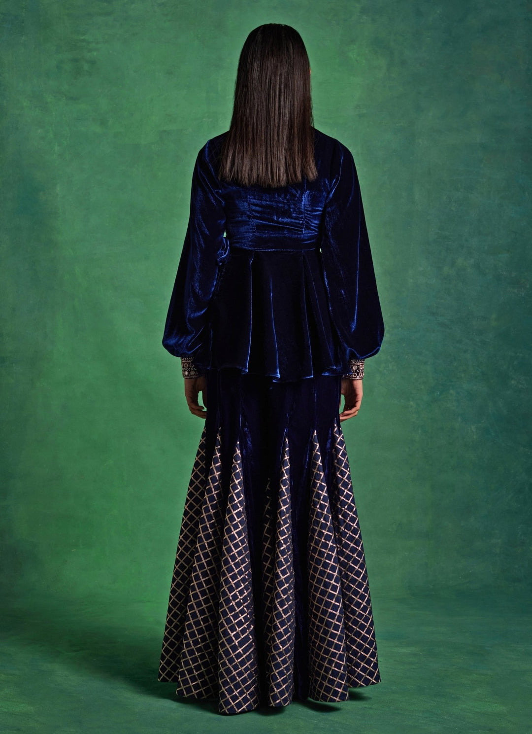 Blue Velvet Peplum Kurta Pants Set Sanya Gulati - Fabilicious Fashion