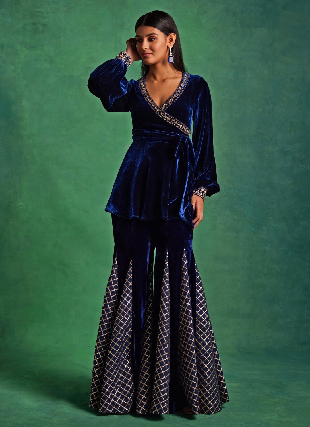 Blue Velvet Peplum Kurta Pants Set Sanya Gulati - Fabilicious Fashion