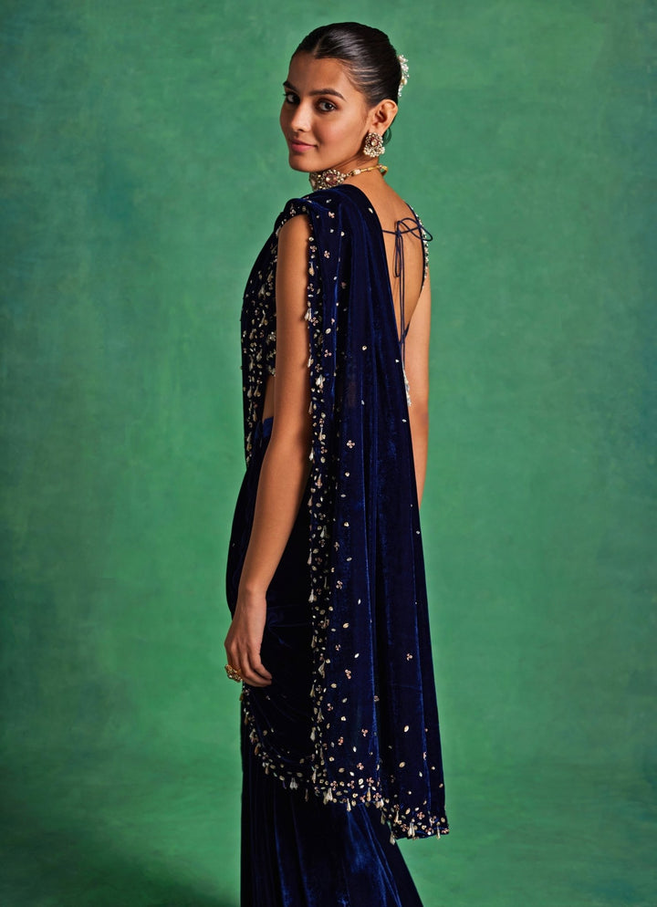 Blue Velvet Predraped Slit Saree Sanya Gulati - Fabilicious Fashion