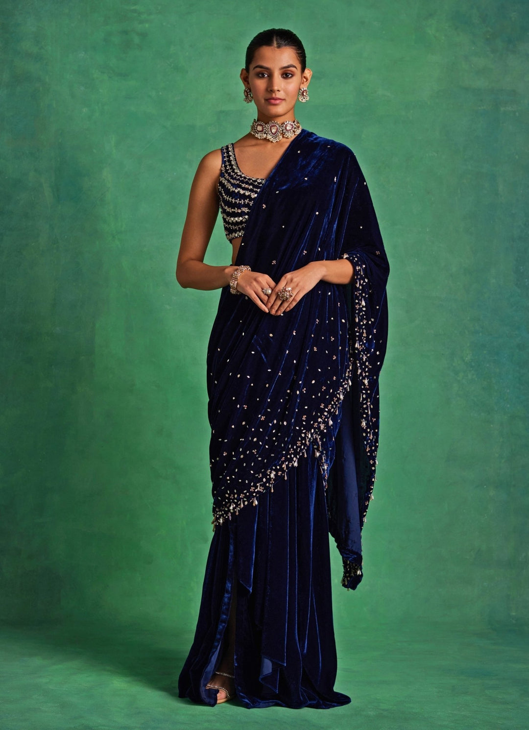 Blue Velvet Predraped Slit Saree Sanya Gulati - Fabilicious Fashion