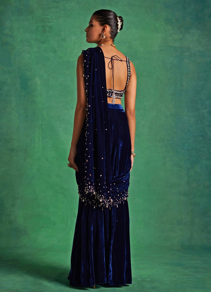 Blue Velvet Predraped Slit Saree Sanya Gulati - Fabilicious Fashion