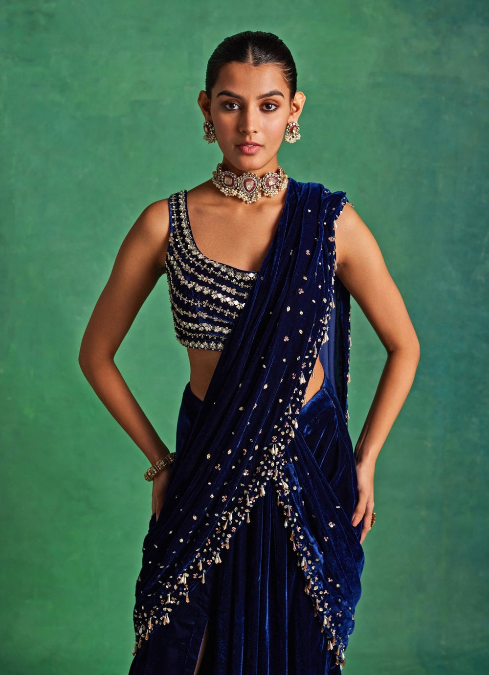 Blue Velvet Predraped Slit Saree Sanya Gulati - Fabilicious Fashion