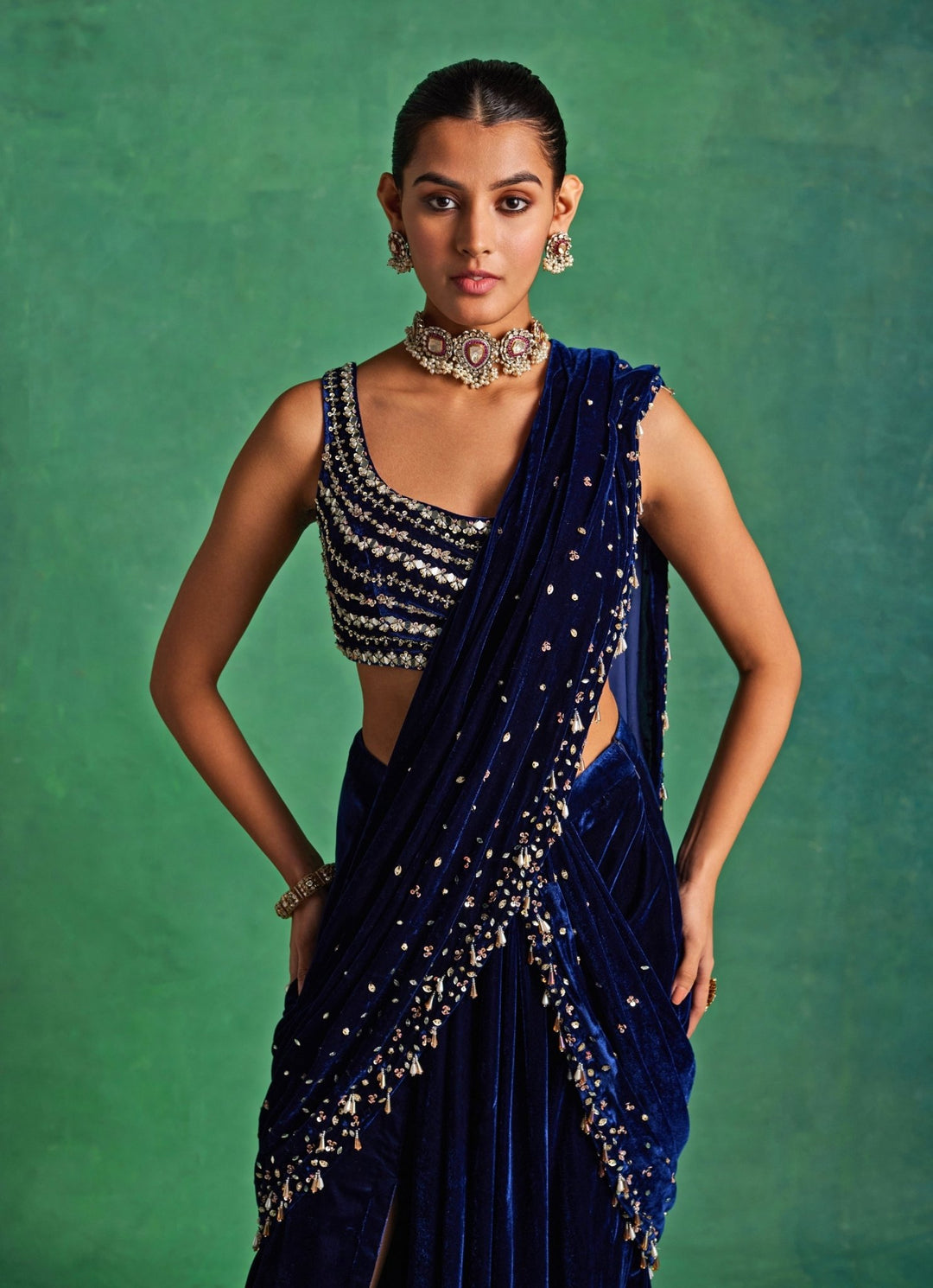 Blue Velvet Predraped Slit Saree Sanya Gulati - Fabilicious Fashion