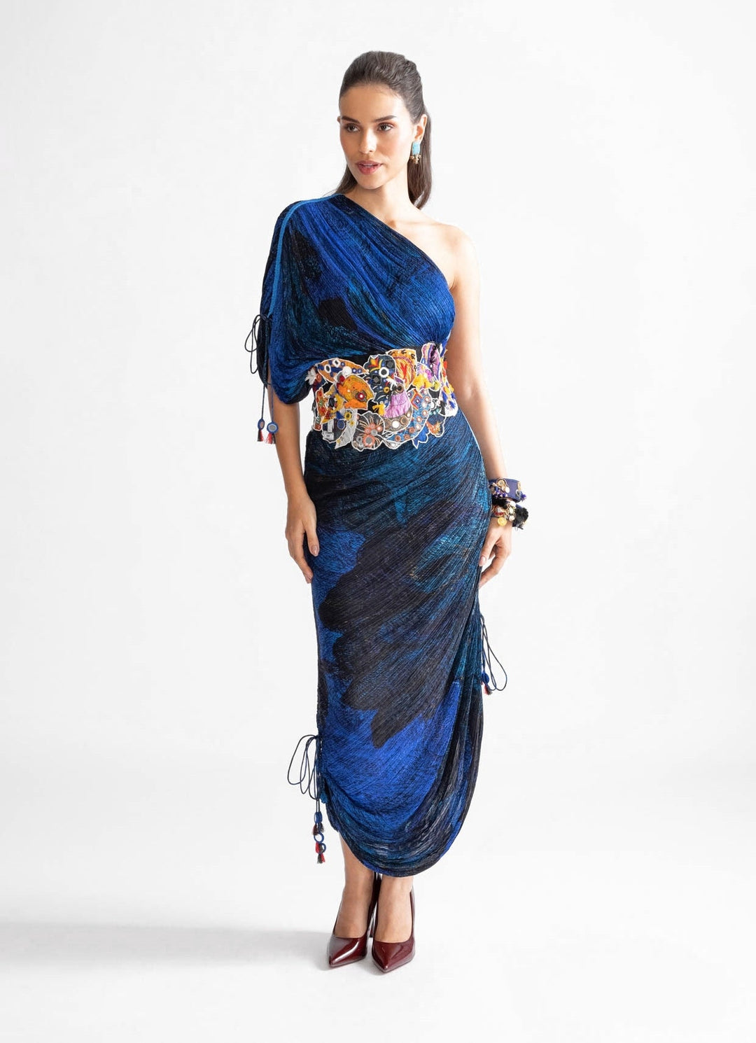 Blue Wave Print Dress With Belt Saaksha & Kinni - Fabilicious Fashion