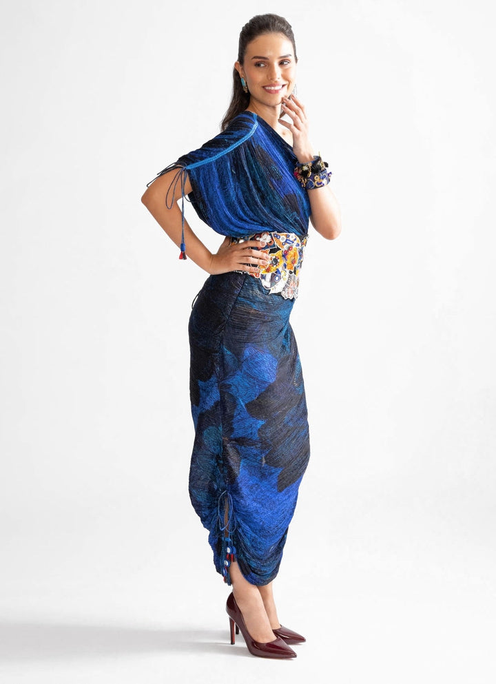 Blue Wave Print Dress With Belt Saaksha & Kinni - Fabilicious Fashion