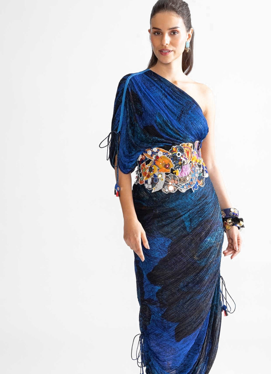 Blue Wave Print Dress With Belt Saaksha & Kinni - Fabilicious Fashion