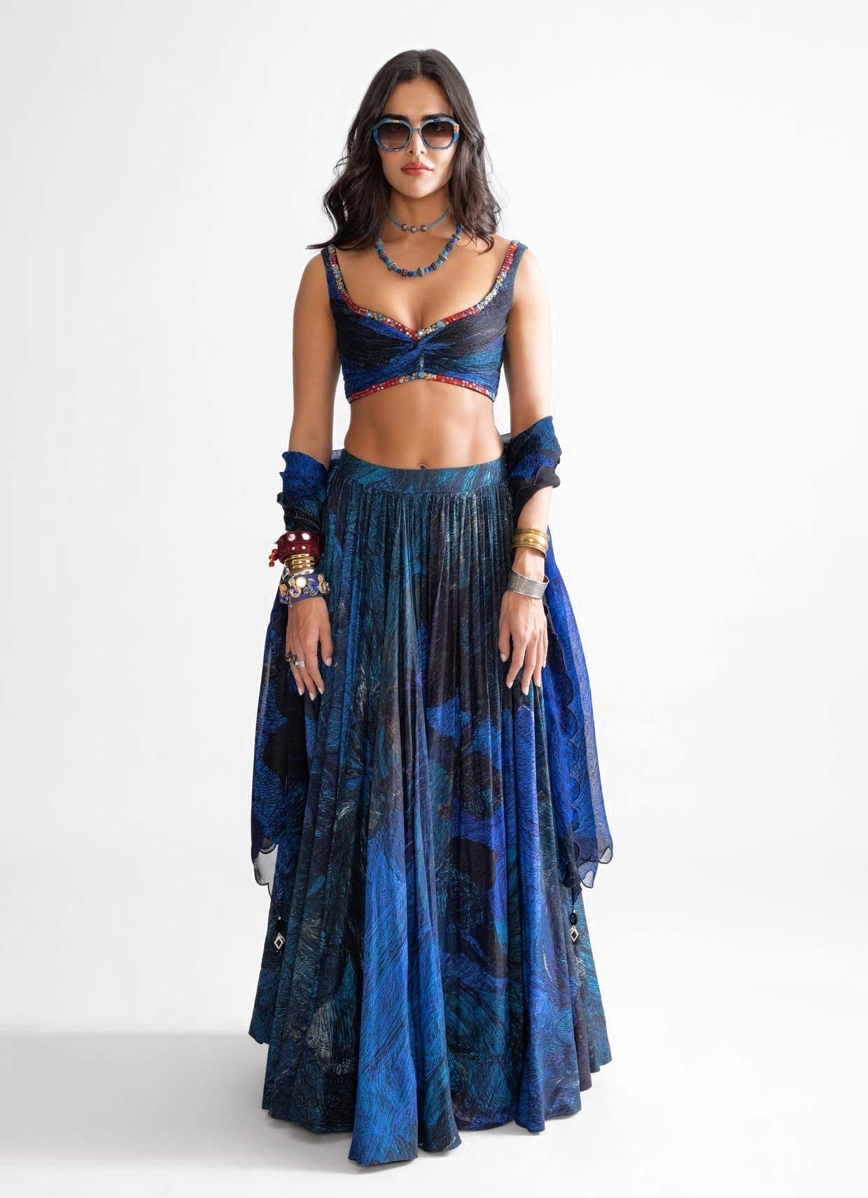 Saaksha and Kinni blue wave print lehenga — modern printed lehenga 2026
