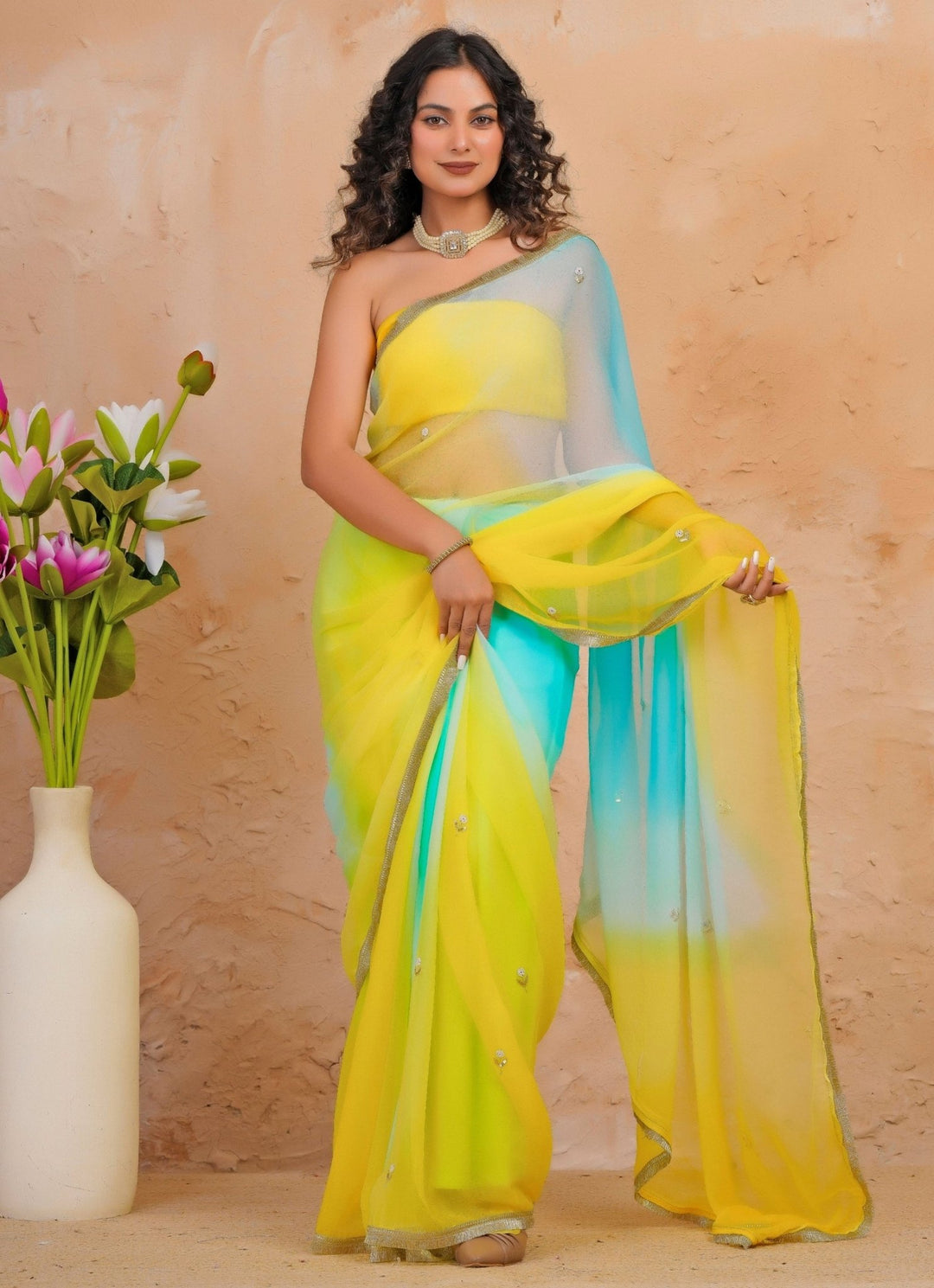 Geroo Jaipur Blue & Yellow Shaded Chiffon SareeFabilicious Fashion