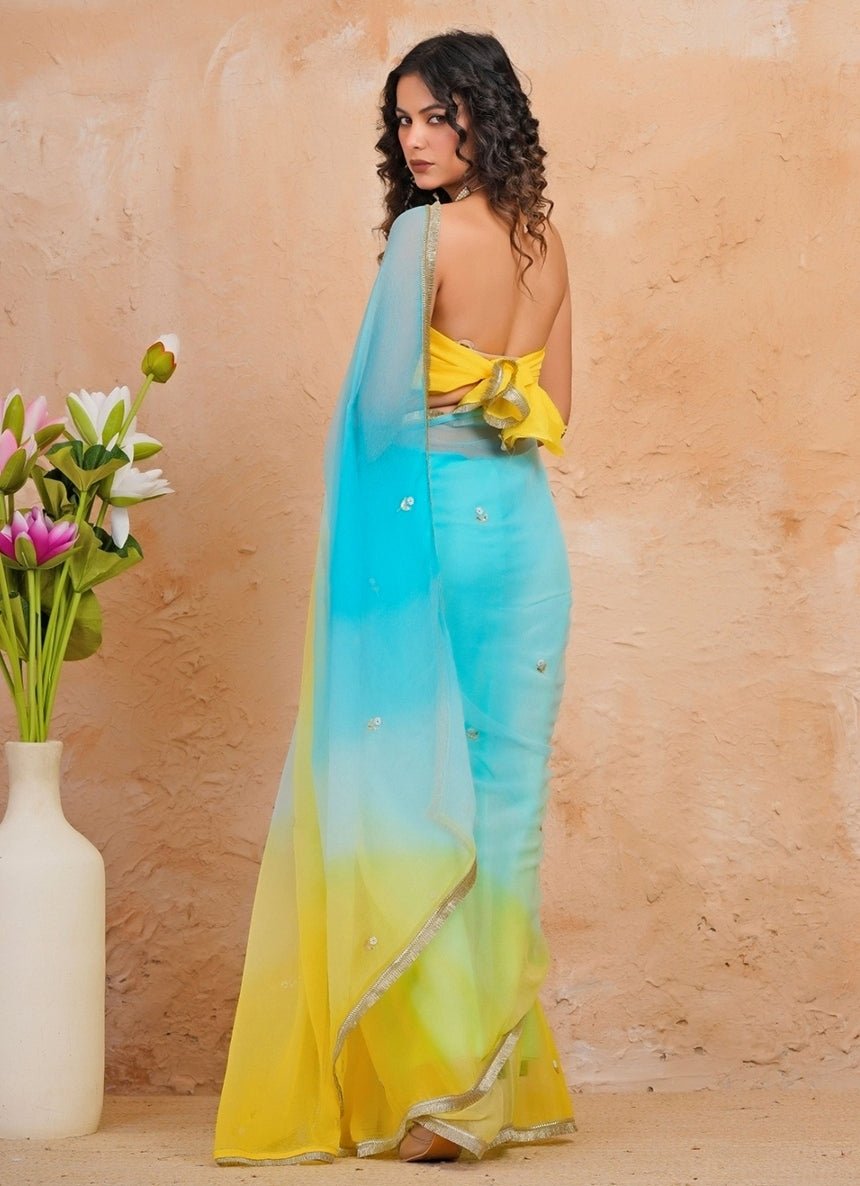 Geroo Jaipur Blue &amp; Yellow Shaded Chiffon SareeFabilicious Fashion