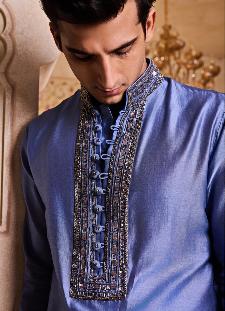 Bluish Grey Chanderi Kurta Set Nitika Gujral - Men - Fabilicious Fashion