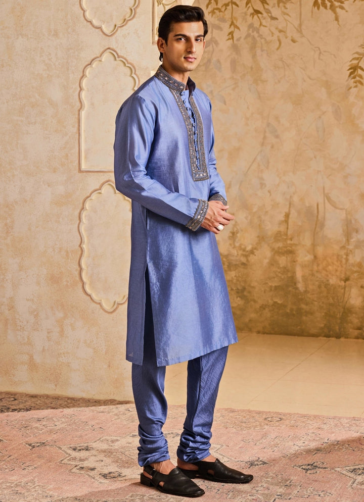 Bluish Grey Chanderi Kurta Set Nitika Gujral - Men - Fabilicious Fashion