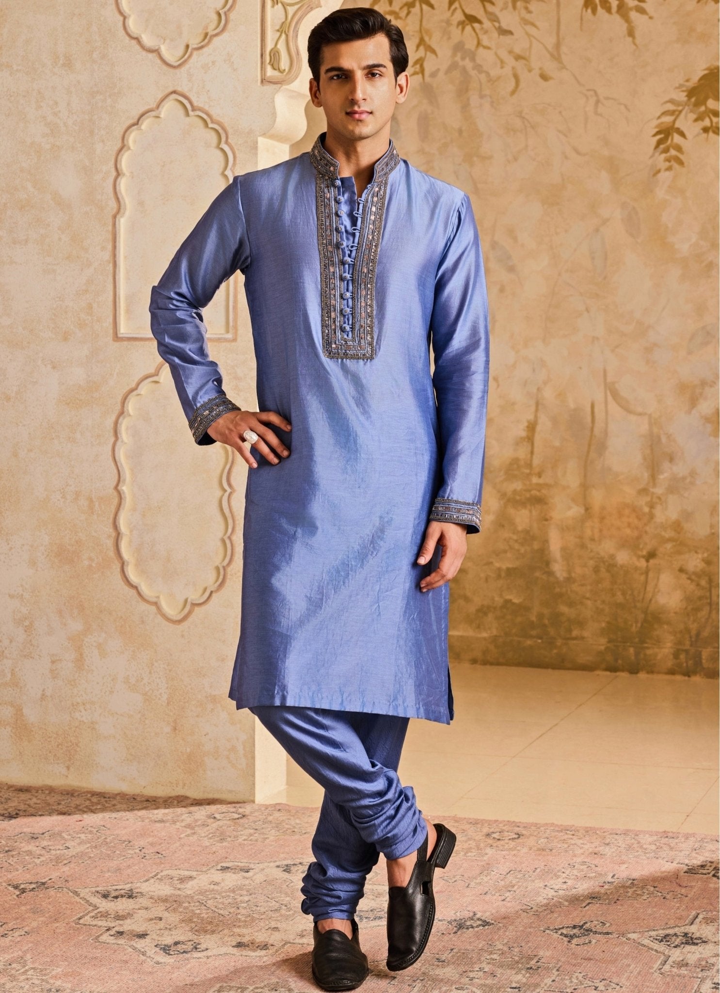 Bluish grey chanderi kurta set — mens festive wear for Eid evening