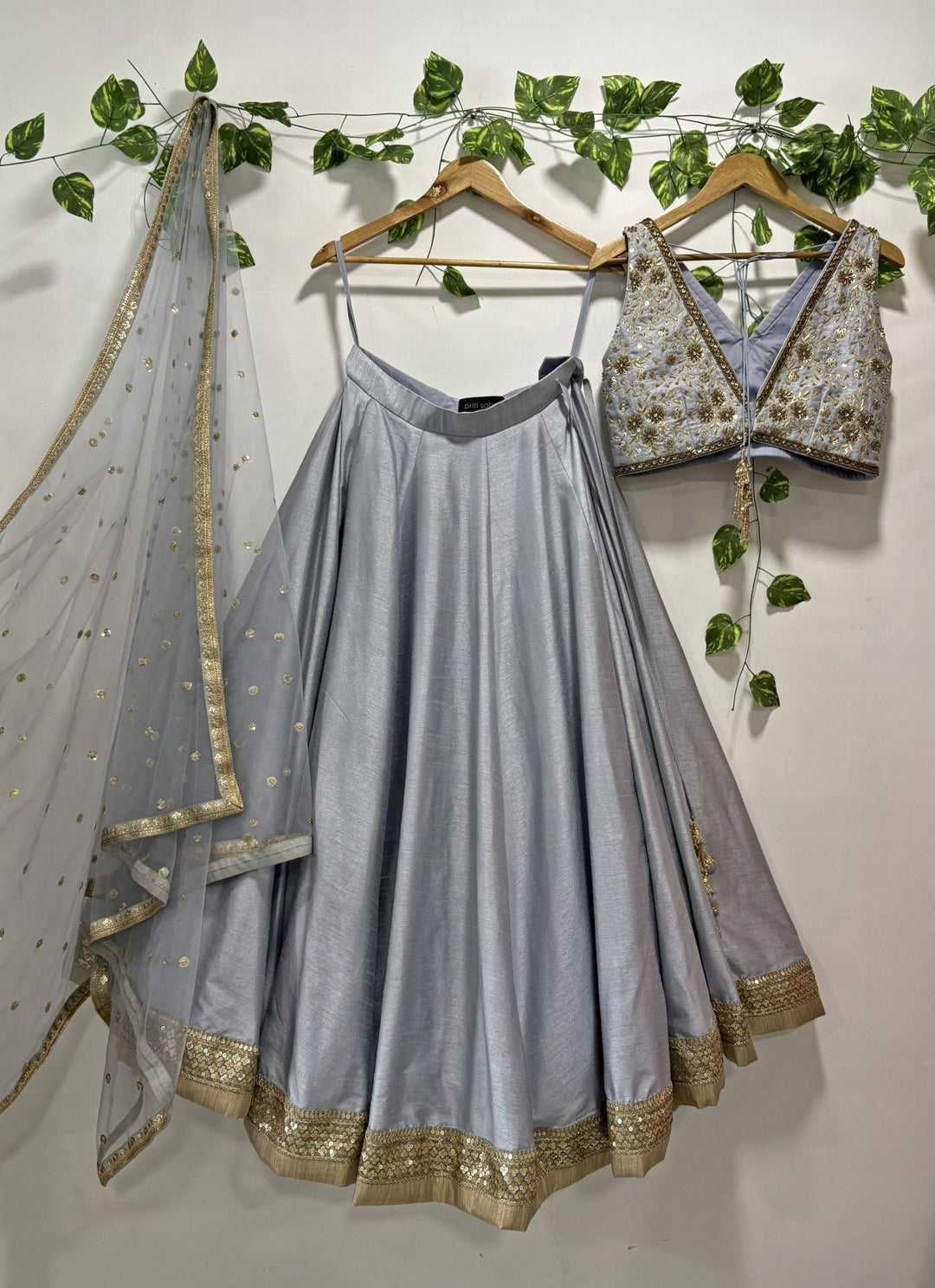 Priti Sahni Bluish Grey Embroidered Raw Silk Lehenga SetFabilicious Fashion