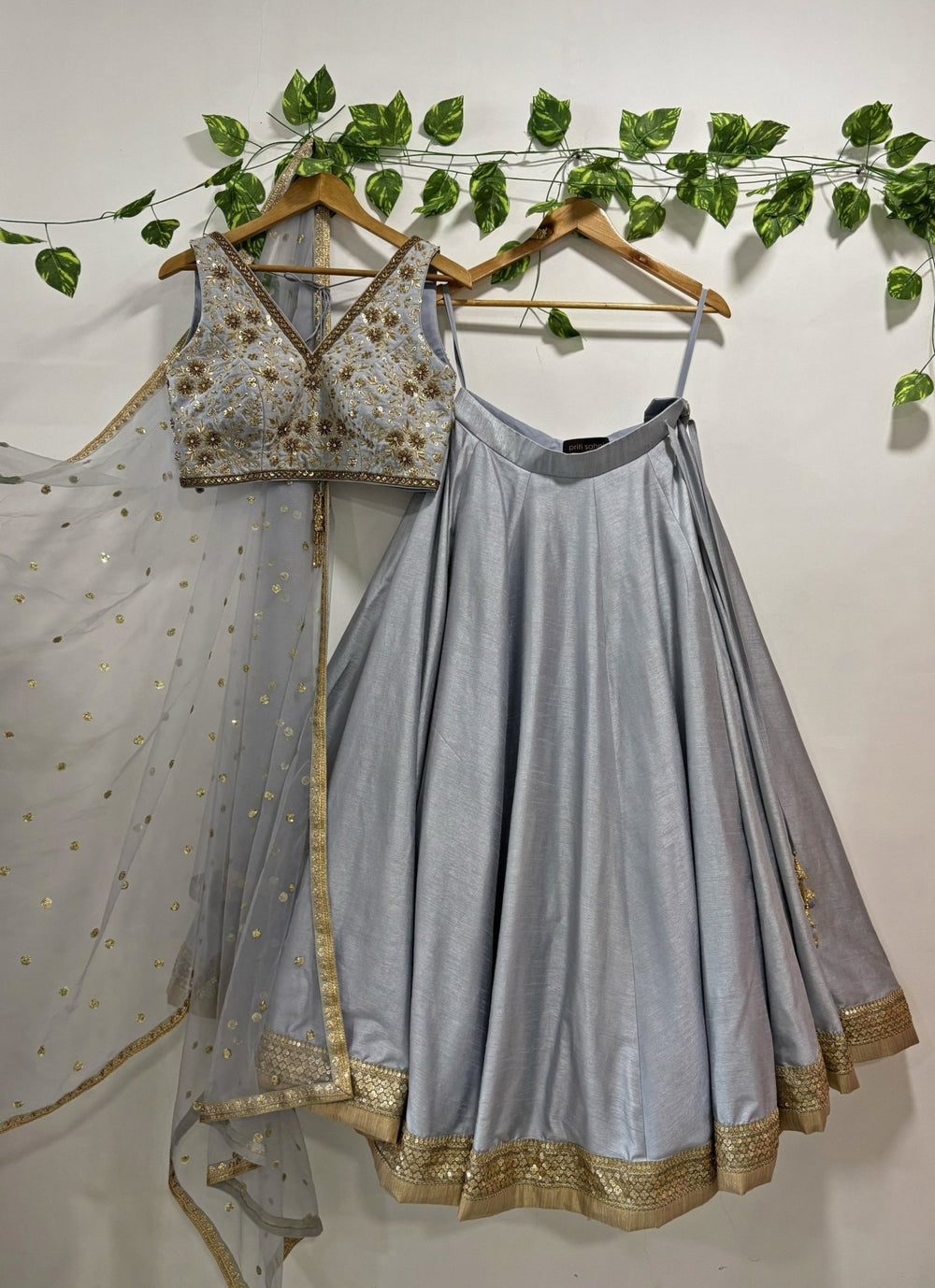 Priti Sahni Bluish Grey Embroidered Raw Silk Lehenga SetFabilicious Fashion