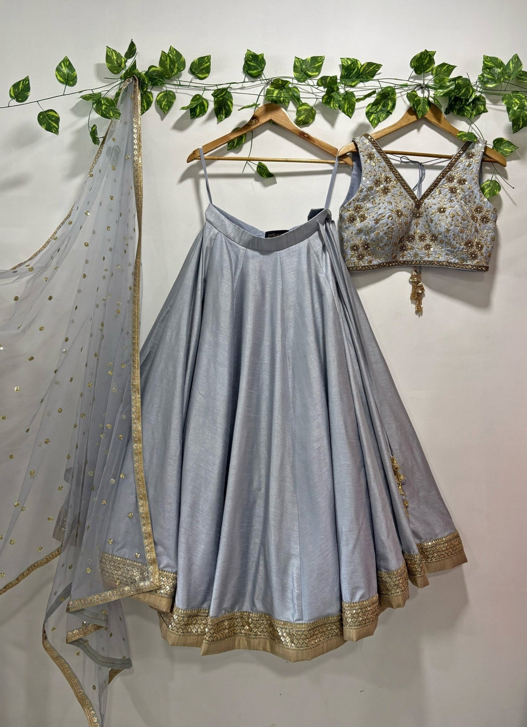 Priti Sahni Bluish Grey Embroidered Raw Silk Lehenga SetFabilicious Fashion