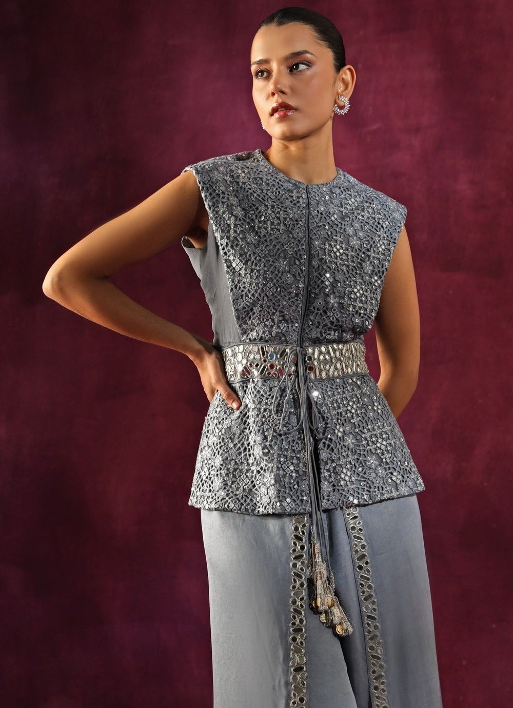 Twenty Nine Bluish Grey Lace Mirrorwork Top And Pants SetFabilicious Fashion