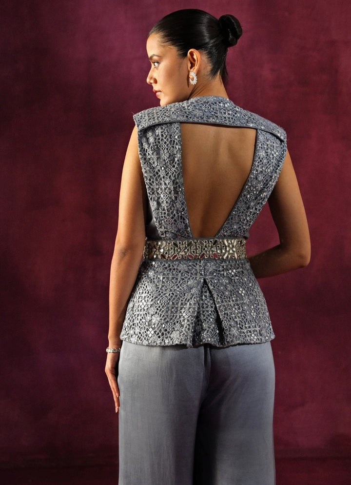 Twenty Nine Bluish Grey Lace Mirrorwork Top And Pants SetFabilicious Fashion