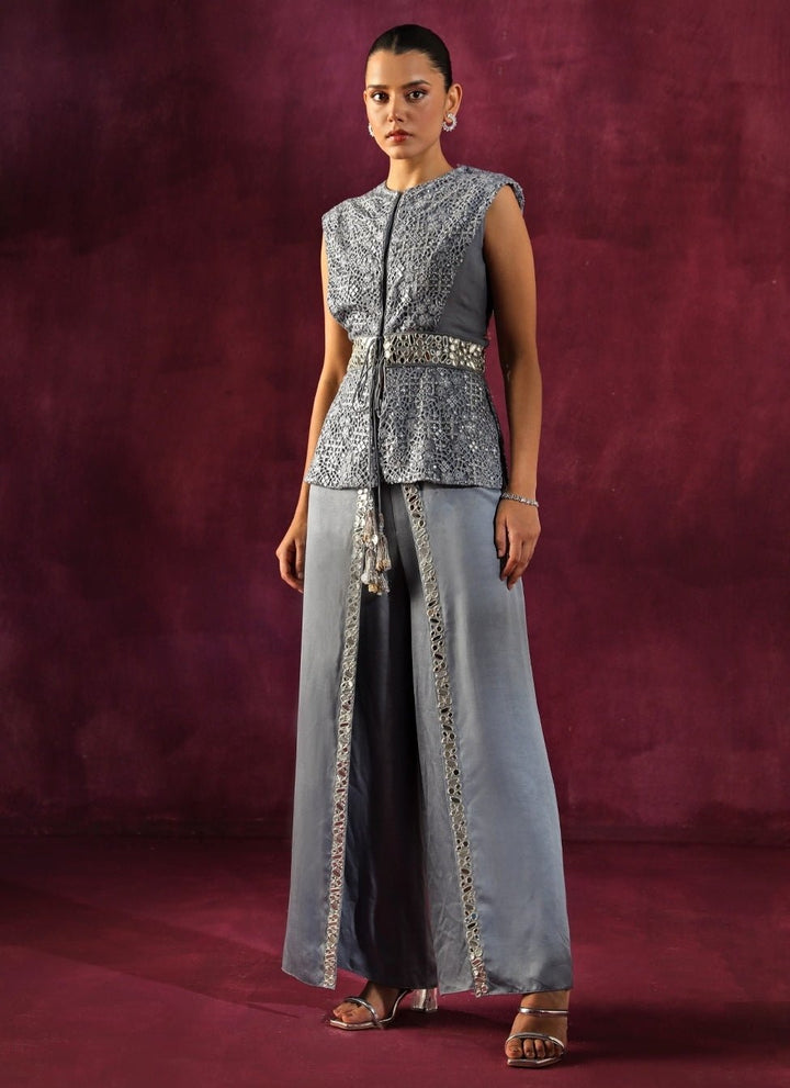 Twenty Nine Bluish Grey Lace Mirrorwork Top And Pants SetFabilicious Fashion