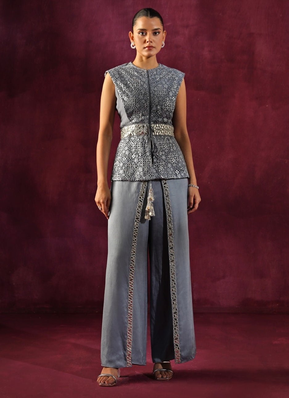 Twenty Nine Bluish Grey Lace Mirrorwork Top And Pants SetFabilicious Fashion
