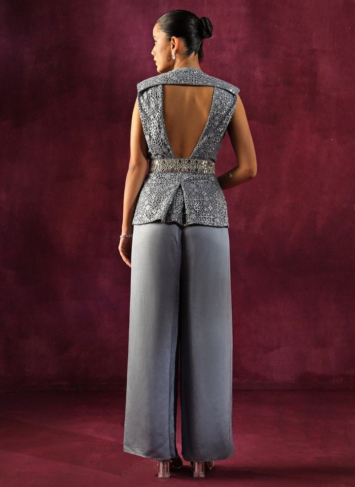 Twenty Nine Bluish Grey Lace Mirrorwork Top And Pants SetFabilicious Fashion